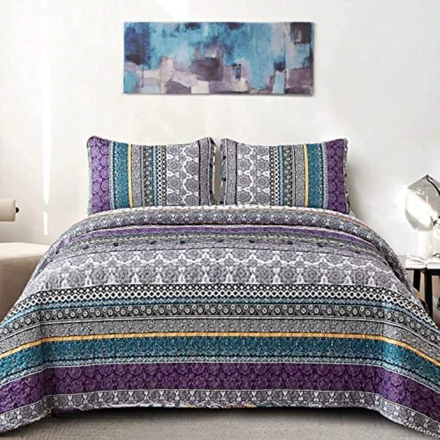 Boho Quilt Set King Size Purple Bohemian 3 Pieces Quilt Sets Lightweight Bedspread Coverlet Bedding Set for All Season 103"x90" - Morado - Ver 1