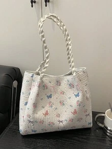 1 chiếc túi xách tay tối giản, chất liệu nylon trắng, in hình bướm và hoa, quai buộc thắt nút, kiểu dáng thường ngày, thời trang và đa năng dành cho nữ, mẫu mới mùa xuân. - trắng - Xem 1