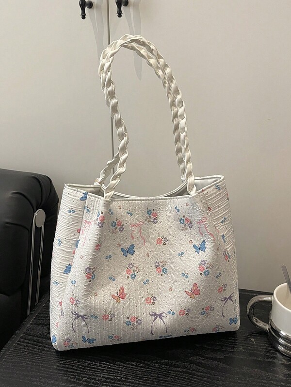 1pc White Nylon Fabric Butterfly & Flower Print Knotted Strap Casual Minimalist Tote Bag, Fashionable & Versatile For Women Spring New Arrival