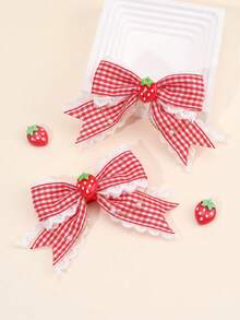 2pcs Strawberry Hair Bows For Women Girls Red Plaid Lace Bow Alligator Clips With Strawberry Accessory Cute Sweet Vacation Bow Hair Clips Adorable Strawberry Checkered Bow Barrettes Women Hair Accessories, Flat Claw Clip, Hair Slide, Hair Claws, Head Accessories, Hairpin - 紅草莓 - 查看 2