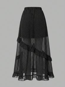 Chân váy EARO chấm bi dáng suông, chất liệu chiffon, eo chun, kiểu dáng thường ngày, không co giãn, thời trang đa năng, thanh lịch, thích hợp cho kỳ nghỉ xuân, màu đen. - màu đen - Xem 3