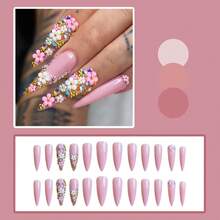 1 Box (24pcs) Pink & Gold Flower Cluster False Nails, Essential For Daily Wear And Dates - Multicolor - View 2
