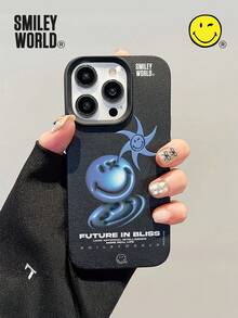 Smiley World SmileyWorld® 单件装全包覆式 TPU 材质纹理手机壳，蓝色笑脸和星星图案，UV 印刷，兼容 16、15、14、13、12、11 Pro Max，适合作为节日礼物、日常通勤使用，防摔设计，品质优良。 - 彩色 - 查看 3