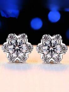 一对极简主义欧美风格仿莫桑石耳环，S925纯银立方氧化锆莫桑石四叶草水滴向日葵耳钉 - E186-耳環 - 查看 9