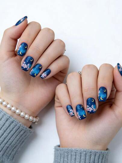 24pcs Short Blue Floral Nail Stickers, Fresh Summer Colorful Flower Short Square Nail Decals, Cute Nail Art Stickers For Daily, Party, Travel