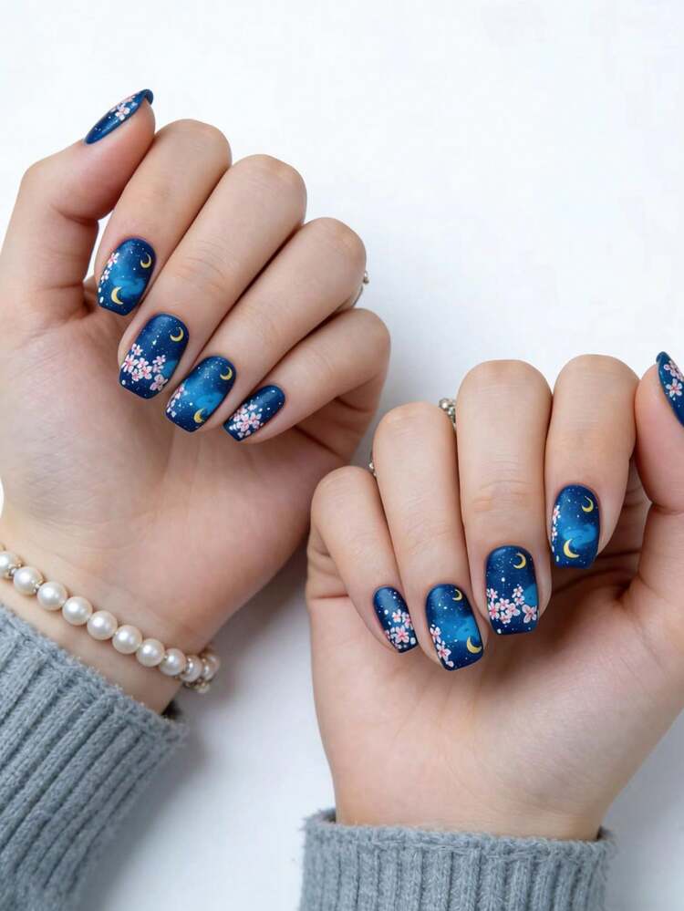 24pcs Short Blue Floral Nail Stickers, Fresh Summer Colorful Flower Short Square Nail Decals, Cute Nail Art Stickers For Daily, Party, Travel - Navy Blue - View 1