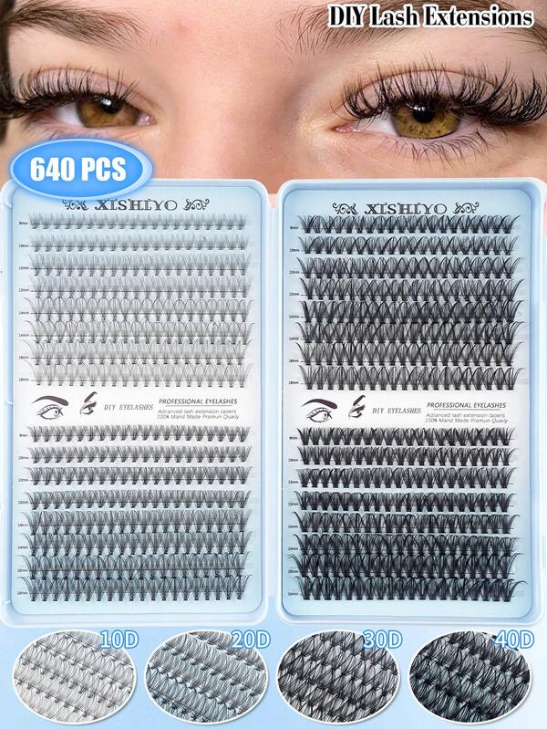 640 piezas Extensiones de pestañas individuales falsas con rizo D, mezcla de longitudes de 8-16 mm, libro de pestañas en segmentos de estilo mixto D con rizo D, extensiones de pestañas voluminosas y difuminadas para uso diario en casa, fáciles de usar