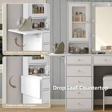 Yanosaku Tocador con Toma de Corriente, Tocador con Espejo y 10 Luces LED, Tocador de Maquillaje con 12 Cajones y 2 Gabinetes, Panel Plegable, Tocador con Superficie de Vidrio y Silla para Dormitorio - Blanco - Ver 8