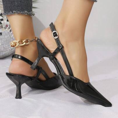 Giày cao gót mũi nhọn cổ điển có quai ngang mắt cá chân bằng da sơn mài, giày bít mũi đen đa năng dành cho nữ, phù hợp để mang hàng ngày và đi làm, mùa xuân/hè.