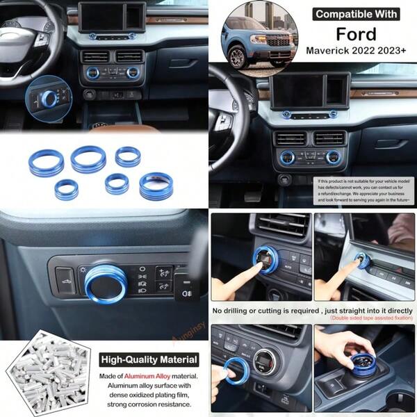 Compatible With Ford  2022-2024 Aluminum Car Centre Console Air Conditioner Volume Knob Button Circle Cover Car Gear Shift Switch Button Ring Trim Cover Knob Protect Ring Accessories