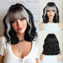 7JHH WIGS 女士短款波浪黑色波波头假发，带灰色刘海，12英寸短波浪卷发假发，自然合成发丝，耐热假发，适合日常角色扮演、音乐节派对等场合佩戴。 - 挑染灰色 - 查看 12