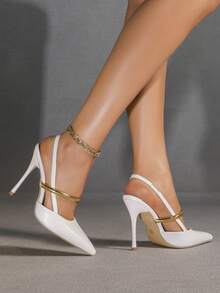 女士白色时尚优雅尖头细高跟鞋，舒适简约百搭浅口鞋 - 白色 - 查看 5