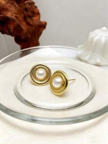 Bông tai đính ngọc trai hình hoa tròn bằng thép không gỉ mạ vàng 18K, trang sức thanh lịch hàng ngày. - Vàng - Xem 9