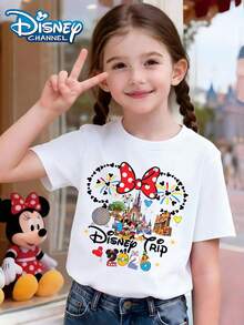 2026 Disney Travel Commemorative T-Shirt, Butterfly Shaped Mickey Mouse Head Silhouette Wrapped Around Park Landmarks And Characters, 2026 Digital Integrated Into Character Images Print Pattern Summer Tops,Short-Sleeved Casual And Cute Style  Children's Clothing Design, Girl Clothes For Kids ,Ropa Para Niños,Girl Clothes For Kids,Graphic Tee, Summer Clothes,Perfect For Cool Girls. Comfortable And Breathable Children's Short-Sleeved T-Shirt. Comfortable And Casual Wear All Year Round 180g Pure Cotton Children's Clothes,Comfortable & Lightweight, Iconic Print For Mix-And-Match Outfits,Suitable For Both Boys And Girls. - White - View 3