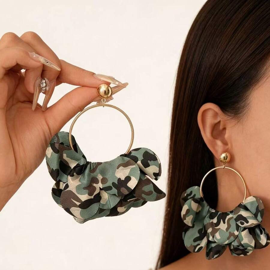 1对迷彩条纹布料花瓣耳环，休闲日常佩戴 - 彩色 - 查看 1