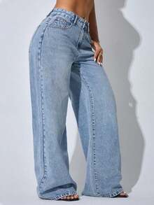 Low-Waist Wide-Leg Casual Blue Jeans With Slant Pockets, Summer Clothing Spring - 深色洗 - 查看 12