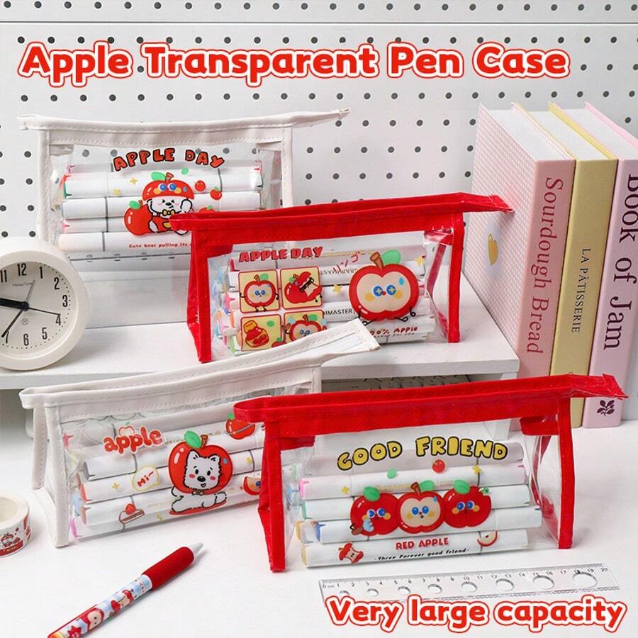 Hộp đựng bút hình quả táo trong suốt, túi đựng văn phòng phẩm chống thấm nước dung tích lớn dễ thương, túi đựng đồ dùng học tập cho học sinh, túi đựng bút hình hoạt hình.