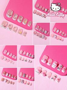 SANRIO 24 pièces Stickers de manucure française carrés avec des designs mignons de fleurs, cœurs, perles, nœuds et strass. Comprend 1 bouteille de vernis gel et 1 lime à ongles. Convient pour une utilisation quotidienne et pour les fêtes pour les femmes - Multicolore - Voir 4
