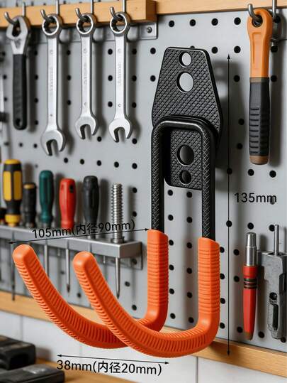 1pc Heavy Duty Garage Storage Hook, Steel Tool Hanging Hook, Wall Mountable, Non-Slip Coating, Suitable For Storing Gardening Tools, Ladders, Bicycles, Garage Essentials, Multi-Functional Hanger | Wall Mounted Hook | Easy Installation Hanging Accessories, Dual-Layer Wall Mounted Practical Storage Rack, Suitable For Mops, Brooms, Power Tools - Powder Coated Steel Tool Rack, High Load Capacity