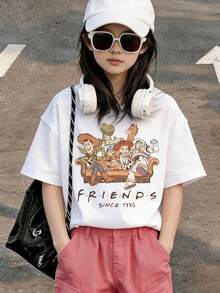 Disney Toy Story Friends Co Branded Character Family Photo Sitting On The Sofa, FRIENDS SINCE 1995 Retro And Warm Print Pattern Summer Tops,Short-Sleeved Casual And Cute Style  Children's Clothing Design, Girl Clothes For Kids ,Ropa Para Niños,Girl Clothes For Kids,Graphic Tee, Summer Clothes,Perfect For Cool Girls. Comfortable And Breathable Children's Short-Sleeved T-Shirt. Comfortable And Casual Wear All Year Round 180g Pure Cotton Children's Clothes,Comfortable & Lightweight, Iconic Print For Mix-And-Match Outfits,Suitable For Both Boys And Girls. - White - View 1