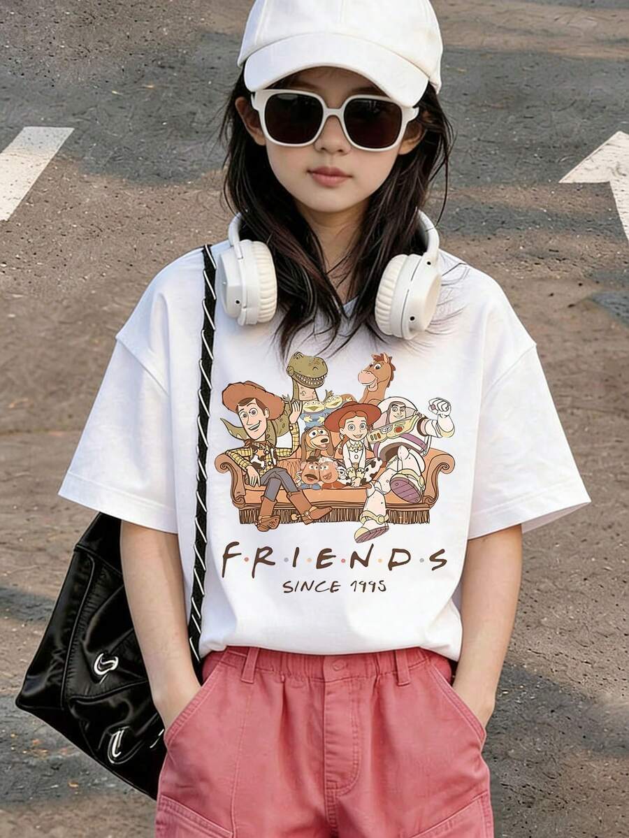 Disney Toy Story Friends Co Branded Character Family Photo Sitting On The Sofa, FRIENDS SINCE 1995 Retro And Warm Print Pattern Summer Tops,Short-Sleeved Casual And Cute Style  Children's Clothing Design, Girl Clothes For Kids ,Ropa Para Niños,Girl Clothes For Kids,Graphic Tee, Summer Clothes,Perfect For Cool Girls. Comfortable And Breathable Children's Short-Sleeved T-Shirt. Comfortable And Casual Wear All Year Round 180g Pure Cotton Children's Clothes,Comfortable & Lightweight, Iconic Print For Mix-And-Match Outfits,Suitable For Both Boys And Girls. - White - View 1