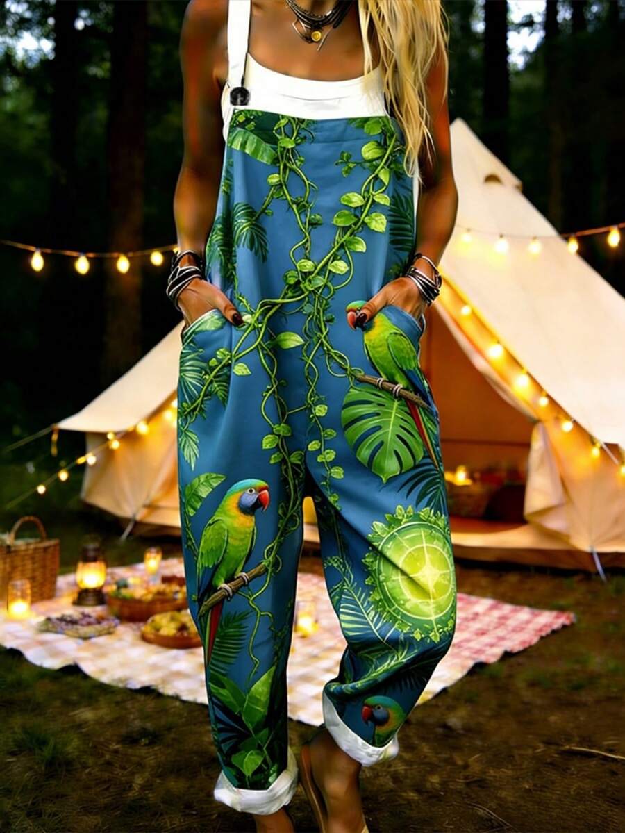 Tropical Parrot Plant All-Over Print Women's Adjustable Strap Jumpsuit, Polyester Fiber Fabric, Lightweight And Breathable, Women's Clothing, Standard Size Jumpsuit, Plus Size Women's Clothing, Plus Size Jumpsuit And Romper, Plus Size Jumpsuit - Nhiều màu - Xem 1