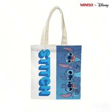 MINISO X Disney Stitch Multi-Expression Print Canvas Tote Bag, White & Blue Kawaii Reusable Shoulder Bag, Lilo & Stitch Themed Grocery Bag For Travel & Shopping - 1pc - 查看 4