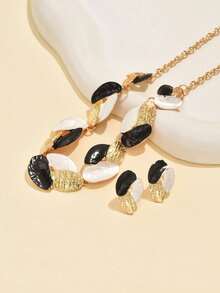 1条项链+1对耳环 时尚奢华创意金属叶子女士首饰套装，适合日常休闲、派对、音乐节、海滩度假等场合佩戴 - 黑金色 - 查看 2