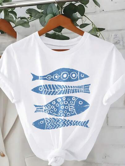 Fashion Plus Size Round Neck Short Sleeve T-Shirt With Blue Fish Print, Regular Length, High Stretch Fabric For Casual Wear
