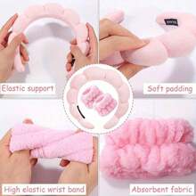 1 Set: 1pc Headband/2pcs Wristbands/3pcs Spa Headbands, Makeup Headbands, Facial Headbands, Skincare Headbands, Pink Velvet Fluffy Sponge Headbands, Bow, Pompom, Spa Headbands, Wristband Hair Accessories - Multicolor - View 4