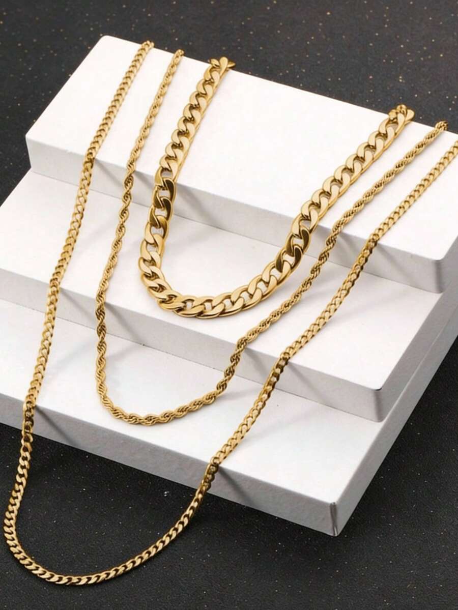 3件套时尚简约男士不锈钢个性化项链 - 金黃色 - 查看 1