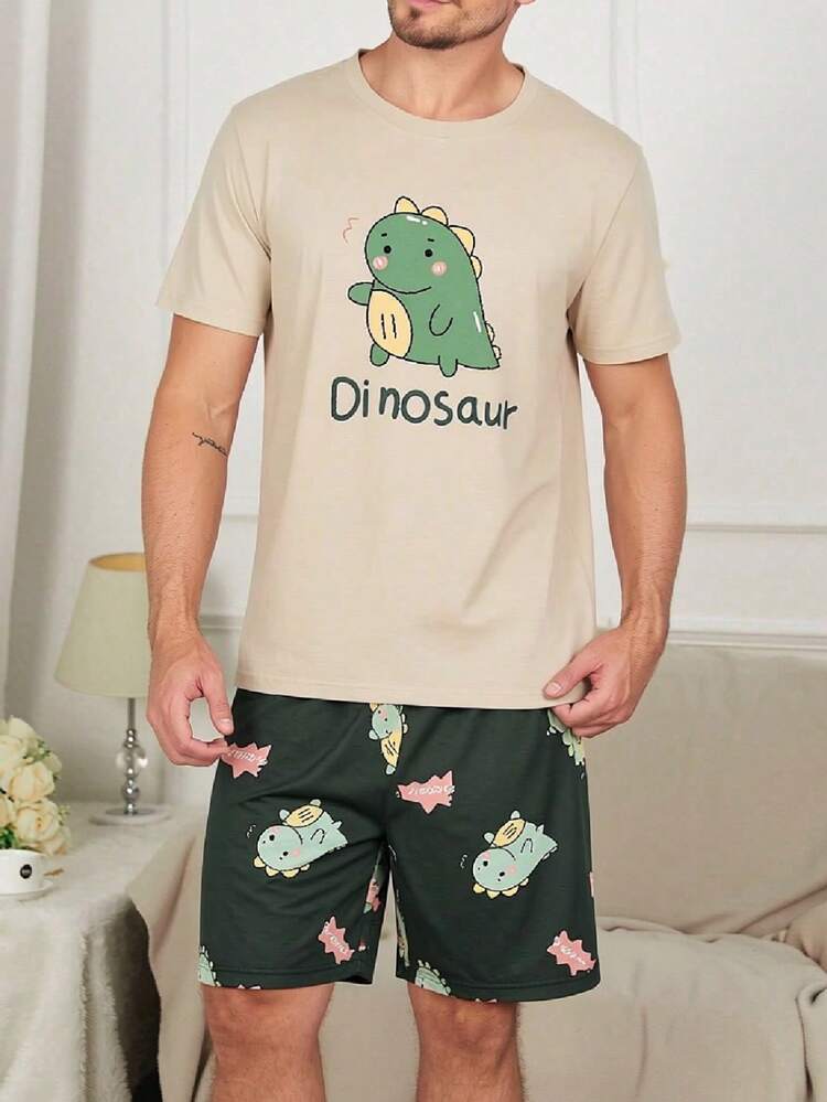 Conjunto de pijama de pantalón corto y camisa de manga corta con estampado de dinosaurio de dibujos animados para hombre, para verano - Multicolor - Añade 3
