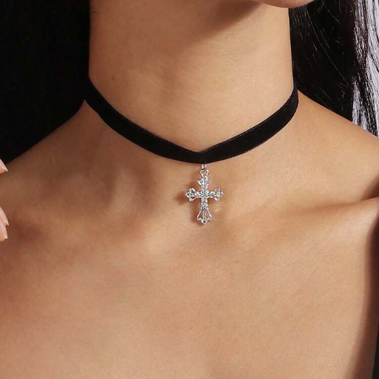 1 pieza Collar de cinta negra estilo gótico con colgante de cruz de rhinestone, adecuado para uso diario - Plateado - Añade 10