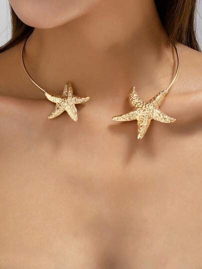 1 Pc Golden Color Oversized Starfish Cuff Choker Necklace For Women, Ocean Sea Themed Sea Star Statement Necklaces Jewelry Suitable For Vacation, Summer Daily Wear