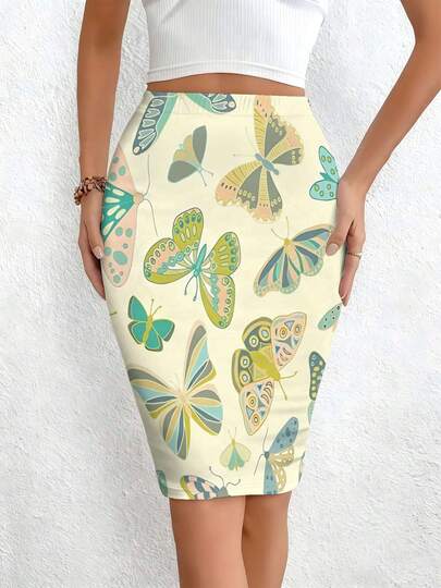 Falda ajustado sexy para mujer con fondo amarillo claro y estampado retro de mariposas coloridas, tela de punto ligeramente elástica, lavable a máquina y de secado rápido, ajuste ceñido de cintura alta, falda casual para vacaciones, ocasiones: viajes diarios, citas