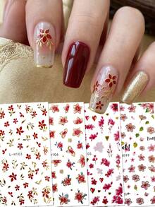 4pcs Vivid Red & Pink Rose Nail Art Stickers - Gold Red Rose & Cherry Blossom English Love Heart Nail Decals, Suitable For Spring, Valentine's Day, Wedding, Date, DIY Nail Decoration, Y2K - Multicolor - View 2