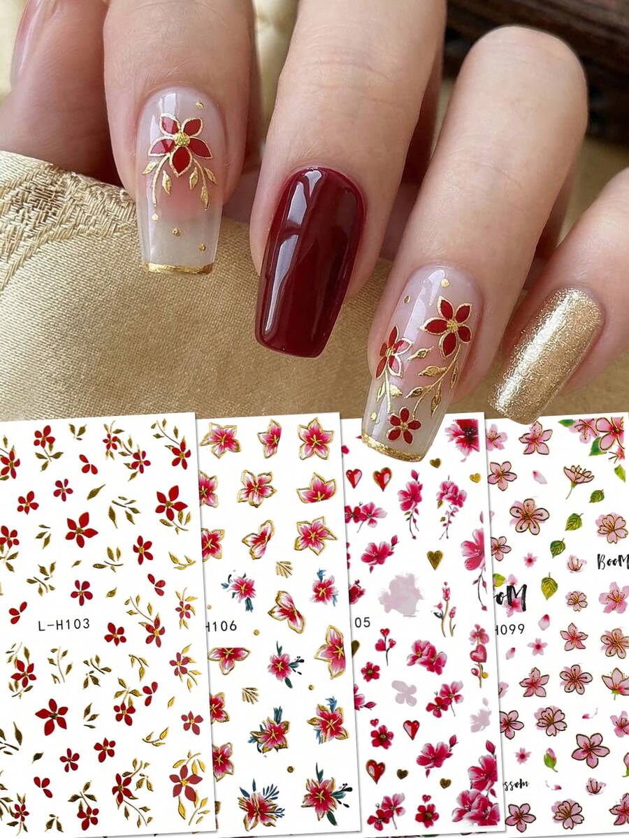 4pcs Vivid Red & Pink Rose Nail Art Stickers - Gold Red Rose & Cherry Blossom English Love Heart Nail Decals, Suitable For Spring, Valentine's Day, Wedding, Date, DIY Nail Decoration, Y2K