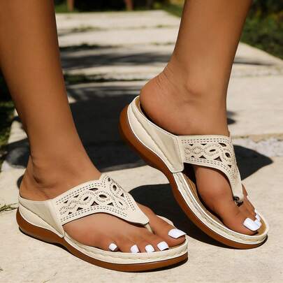 Women's Wedge Sandals, Rhinestone Decor Slip-On Sandals With Arch Support, Comfortable Outdoor Slippers