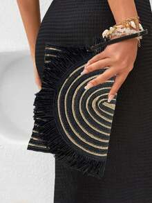 BAILEE 这款时尚休闲的波西米亚风黑色纸编手提包，采用独特的黑金撞色设计，配有可拆卸肩带。包包可容纳手机、钱包及其他物品。这款带有流苏装饰的包包，是海滨度假的理想之选，可手提、单肩背或手提。非常适合户外度假、海滩之旅、观光、购物和日常通勤。也是馈赠亲朋好友的绝佳礼物。 - 彩色 - 查看 4