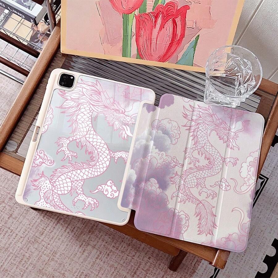 1 pieza Funda protectora de acrílico de alta definición con ranura para bolígrafo, soporte magnético de varios ángulos y función de suspensión/activación automática, cubierta protectora para tableta adecuada para iPad Pro/Air, Pad 5/6/18, con diseño de dragón chino rosa y nubes - Multicolor - Ver 1