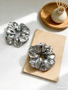 2pcs Small Silver Shiny Coil Y2K Baddie Minimalist Chic Hair Scrunchies, Suitable For Daily Wear - Silver 2pcs - View 4