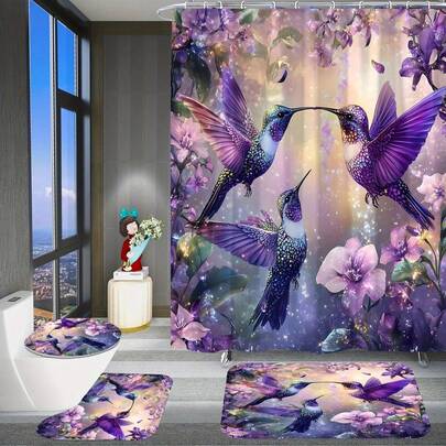 4件套紫色蜂鸟图案浴帘，高品质浴帘，配12个塑料挂钩，浴室防滑垫，马桶U型垫，坐垫套，现代家居装饰浴室配件