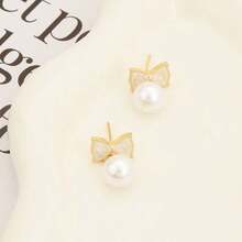 Pearl Earrings For Women, Luxury Earrings Pendant Elegant Bow Decor Unique Design Earrings - Gold - View 3