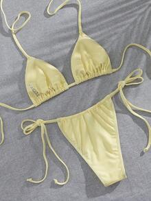 春夏女款性感純色掛脖比基尼海灘度假兩件式泳衣套裝，高彈力面料，黃色 - 黃色 - 查看 3
