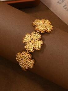 1件中东沙特阿拉伯风格镂空四叶草链手链，金色铜质，送给家人和朋友的礼物 - 金黃色 - 查看 1