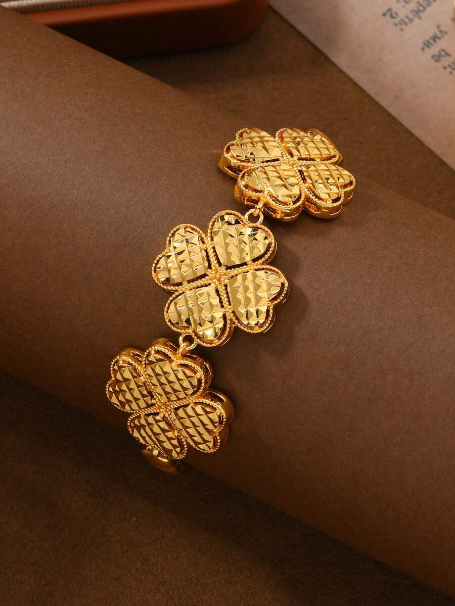 1件中东沙特阿拉伯风格镂空四叶草链手链，金色铜质，送给家人和朋友的礼物 - 金黃色 - 查看 1
