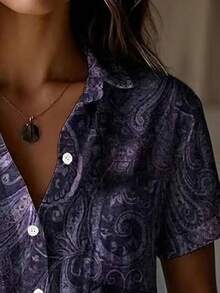 Plus Size Women Retro Cashew Flower Print Button Down Short Sleeve Shirt Blouse Vacation Summer - Purple - View 5