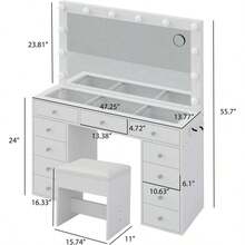 Escritorio de tocador CollaredEagle con espejo iluminado y toma de corriente, tocador de maquillaje con 12 luces LED USB, mesa de tocador con 11 cajones y silla, superficie de vidrio templado, tocador para dormitorio, vestidor. - Blanco - Ver 5