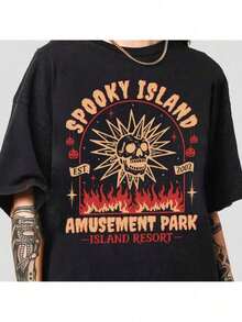 Spooky Island Amusement Park T-Shirt, Retro 2000s Halloween Movie Shirt, Disco Skull, Summer Spooky T-Shirt, 90s Nostalgia Halloween Tee For Halloween-Motion Tee - 黑色 - 查看 15