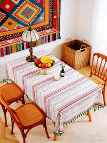 MineLain 1pc Bohemian Spring/Summer Red Geometric Tablecloth, Rectangular Table Runner, Green Tassel Decor, Can Be Used As Picnic Mat, Rectangular Tablecloth, Coffee Table, Bedside Table Cover, Tabletop Decoration, Suitable For Country Farmhouse Home Kitchen Dining Room, Living Room, Gathering, Party, Picnic, Camping, Holiday Wedding Decor, Daily Home Decor, All Seasons Use, Spring/Summer Decor - Multicolor - View 9
